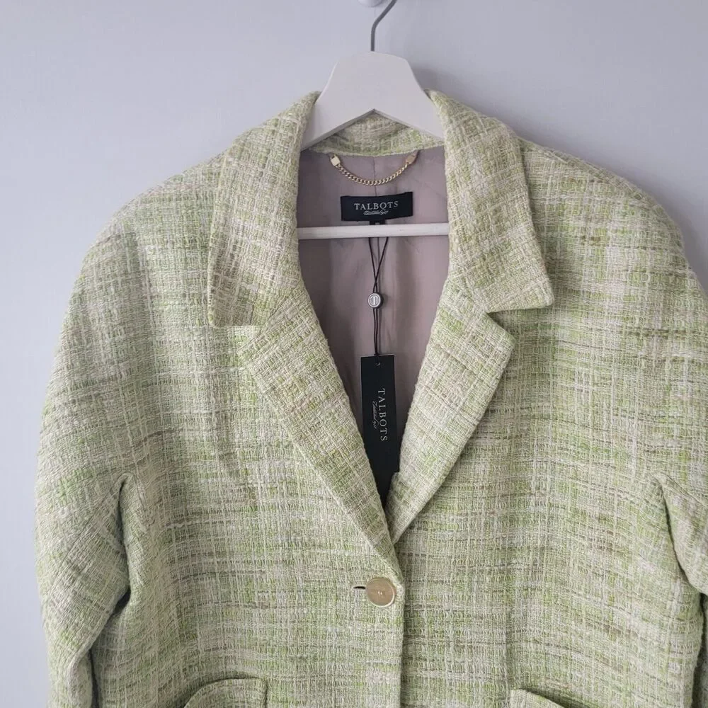 Talbots womens Lime Green Tweed Blazer SZ 18 pockets Single Button Fully Lined